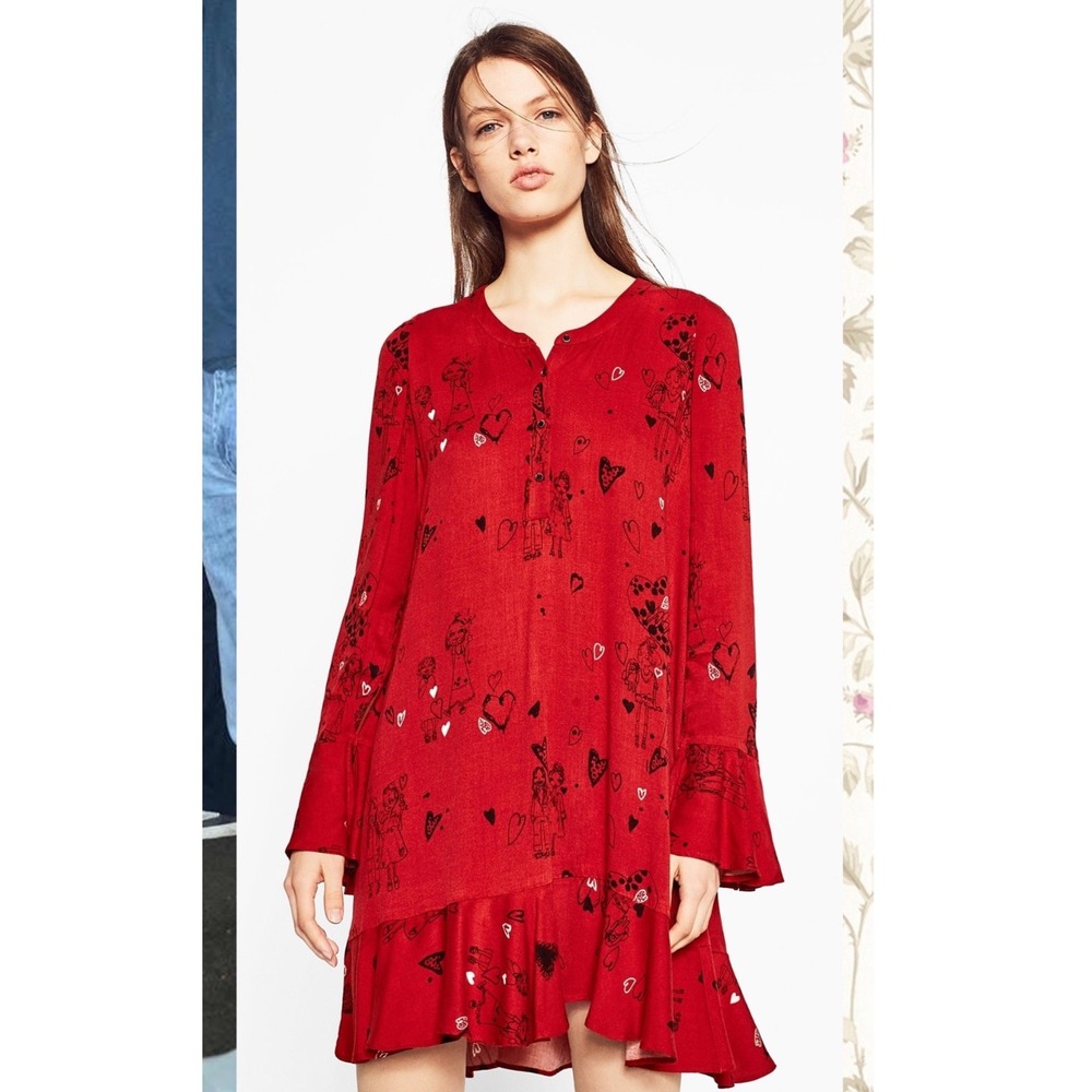 Zara Trafaluc Red Heart Graphic Mini Dress Bell Sleeve Ruffle Hem Small